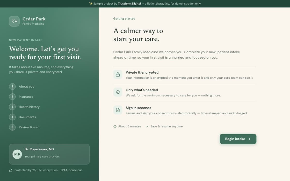 Secure New Patient Intake website preview